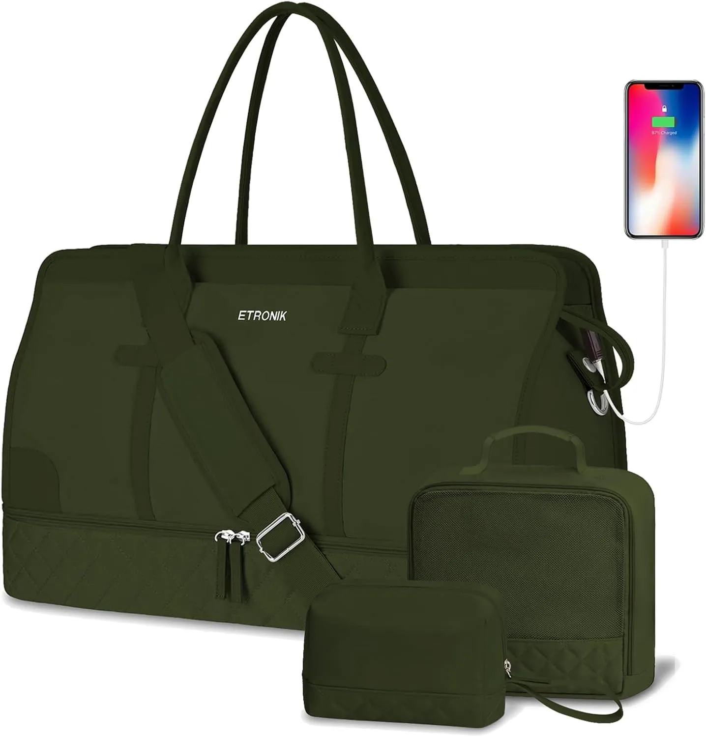 ETRONIK Weekender Overnight Bag for Women, Large Travel Duffle Bag with Shoe Compartment & Wet Pocket, Carry On Tote Bag Gym Duffel Bag with Toiletry Bag, 3 Pcs Set, Large Size, Dark Green
