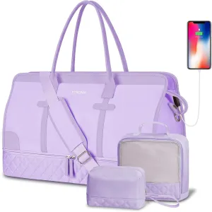 ETRONIK Weekender Overnight Bag for Women, Large Travel Duffle Bag with Shoe Compartment & Wet Pocket, Carry On Tote Bag Gym Duffel Bag with Toiletry Bag, 3 Pcs Set, Large Size, Purple
