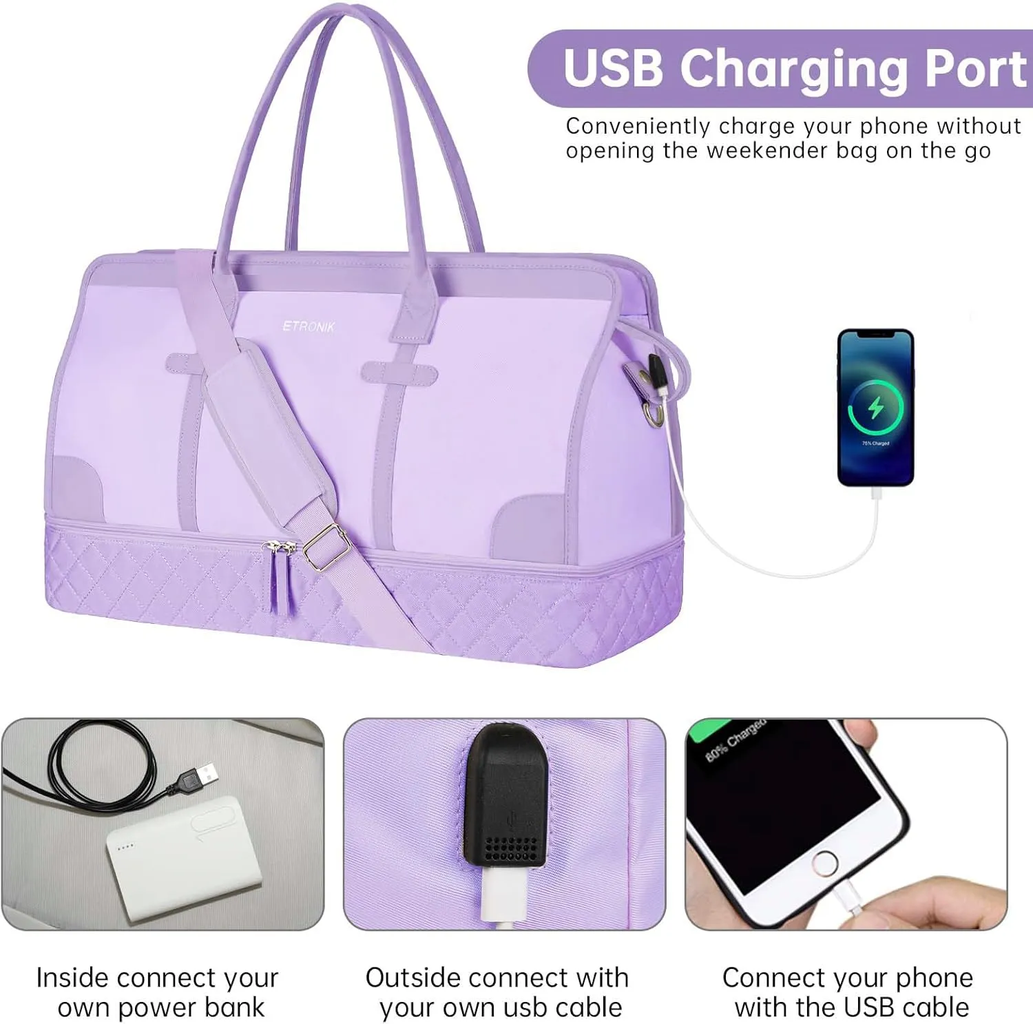 ETRONIK Weekender Overnight Bag for Women, Large Travel Duffle Bag with Shoe Compartment & Wet Pocket, Carry On Tote Bag Gym Duffel Bag with Toiletry Bag, 3 Pcs Set, Large Size, Purple