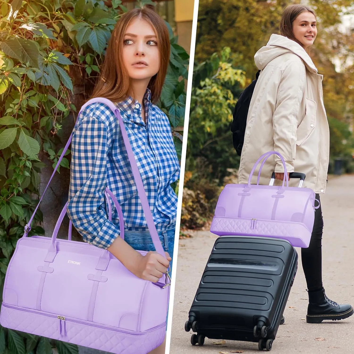 ETRONIK Weekender Overnight Bag for Women, Large Travel Duffle Bag with Shoe Compartment & Wet Pocket, Carry On Tote Bag Gym Duffel Bag with Toiletry Bag, 3 Pcs Set, Large Size, Purple