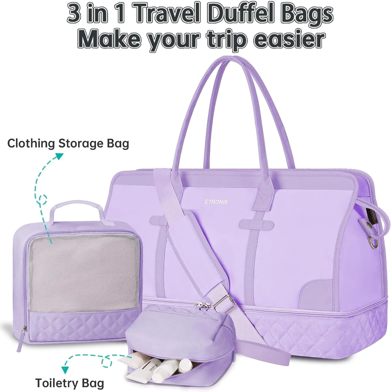 ETRONIK Weekender Overnight Bag for Women, Large Travel Duffle Bag with Shoe Compartment & Wet Pocket, Carry On Tote Bag Gym Duffel Bag with Toiletry Bag, 3 Pcs Set, Large Size, Purple