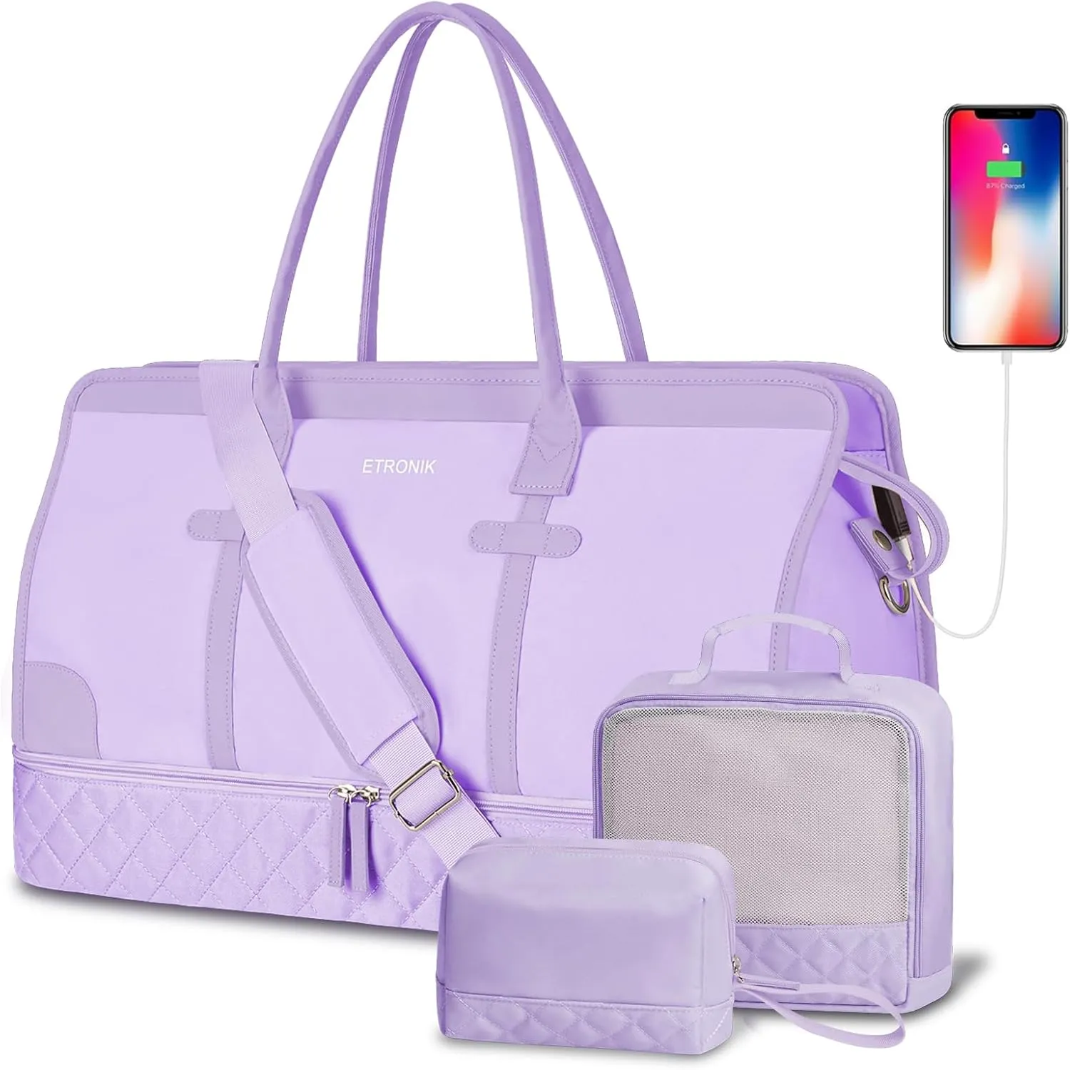 ETRONIK Weekender Overnight Bag for Women, Large Travel Duffle Bag with Shoe Compartment & Wet Pocket, Carry On Tote Bag Gym Duffel Bag with Toiletry Bag, 3 Pcs Set, Large Size, Purple