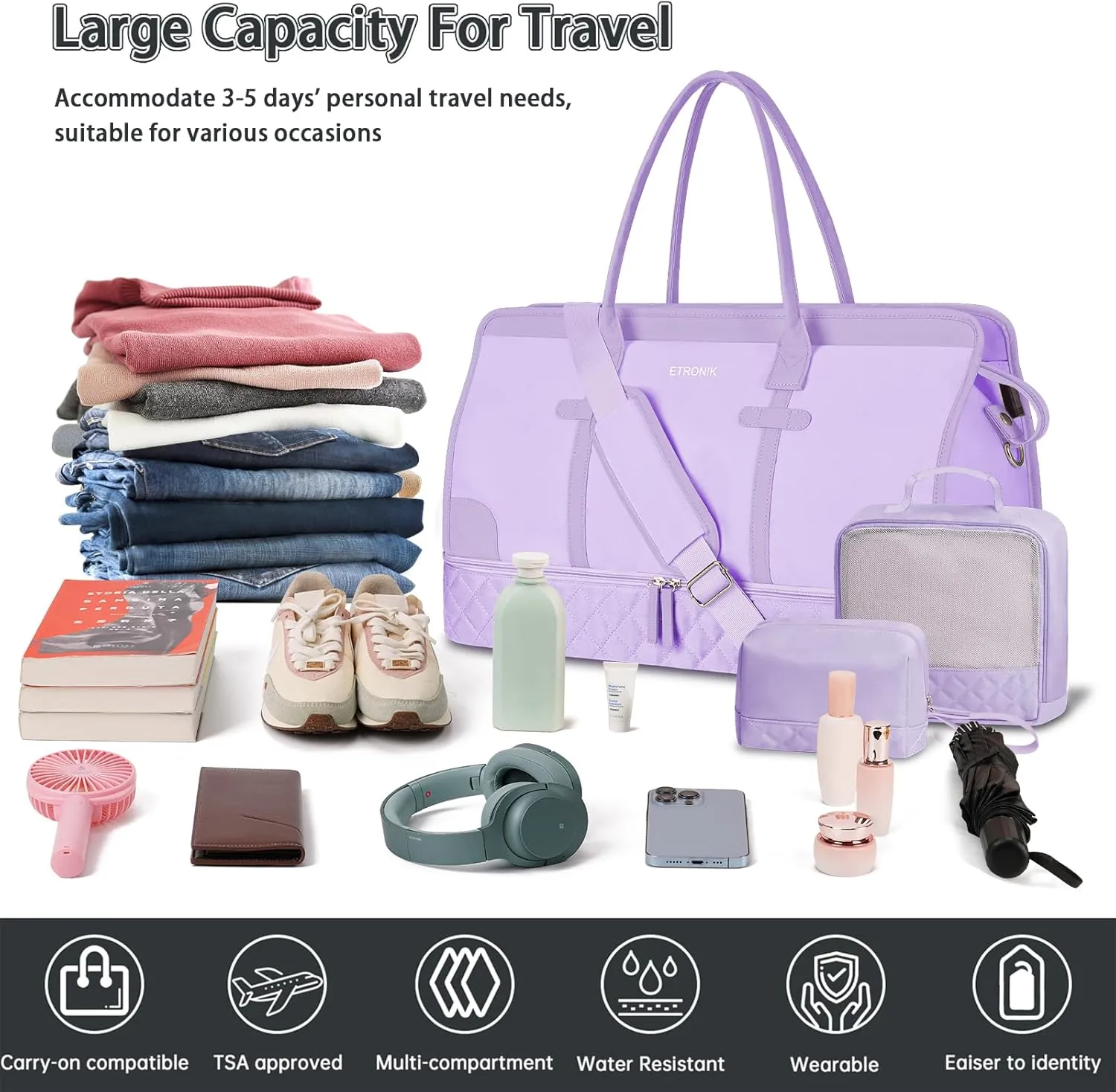 ETRONIK Weekender Overnight Bag for Women, Large Travel Duffle Bag with Shoe Compartment & Wet Pocket, Carry On Tote Bag Gym Duffel Bag with Toiletry Bag, 3 Pcs Set, Large Size, Purple