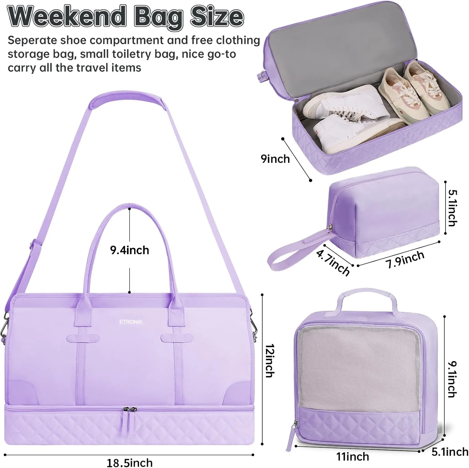 ETRONIK Weekender Overnight Bag for Women, Large Travel Duffle Bag with Shoe Compartment & Wet Pocket, Carry On Tote Bag Gym Duffel Bag with Toiletry Bag, 3 Pcs Set, Large Size, Purple