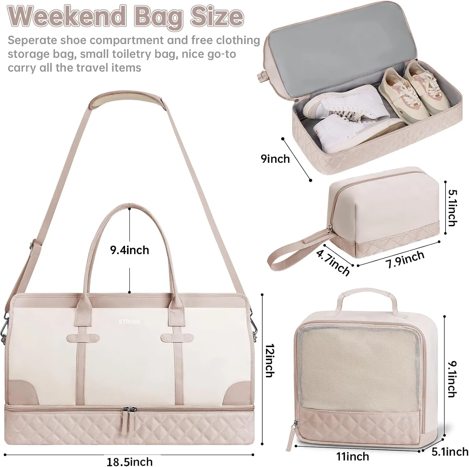 ETRONIK Weekender Overnight Bags for Women, Large Travel Duffle Bags with Shoe Compartment & Wet Pocket, Carry On Gym Bag with Toiletry Bags for Hospital 3 Pcs Set, Large Size, Beige Khaki