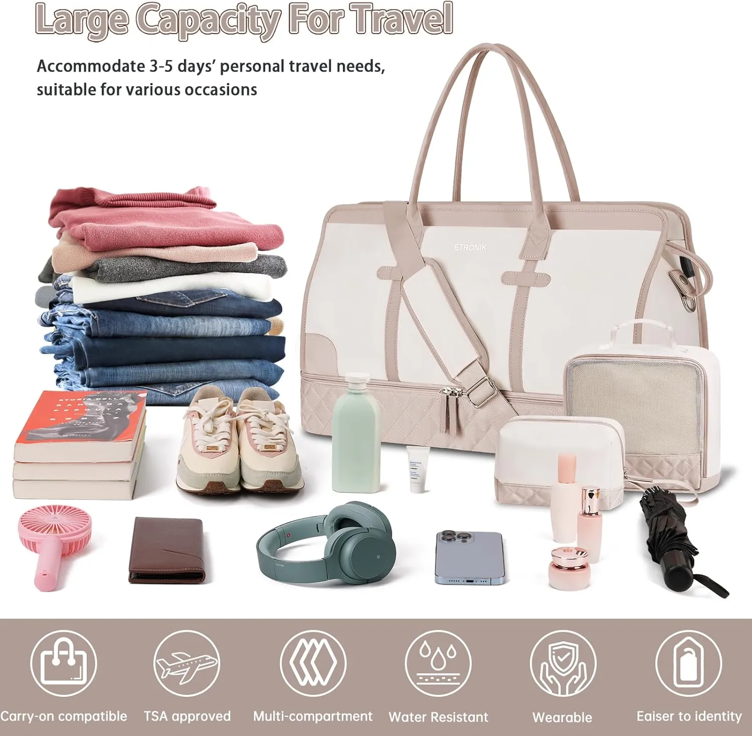 ETRONIK Weekender Overnight Bags for Women, Large Travel Duffle Bags with Shoe Compartment & Wet Pocket, Carry On Gym Bag with Toiletry Bags for Hospital 3 Pcs Set, Large Size, Beige Khaki