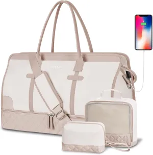 ETRONIK Weekender Overnight Bags for Women, Large Travel Duffle Bags with Shoe Compartment & Wet Pocket, Carry On Gym Bag with Toiletry Bags for Hospital 3 Pcs Set, Large Size, Beige Khaki