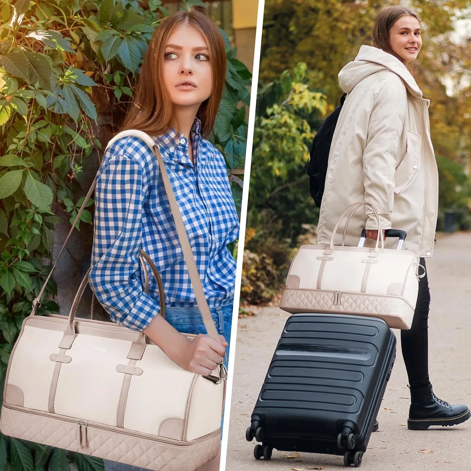 ETRONIK Weekender Overnight Bags for Women, Large Travel Duffle Bags with Shoe Compartment & Wet Pocket, Carry On Gym Bag with Toiletry Bags for Hospital 3 Pcs Set, Large Size, Beige Khaki
