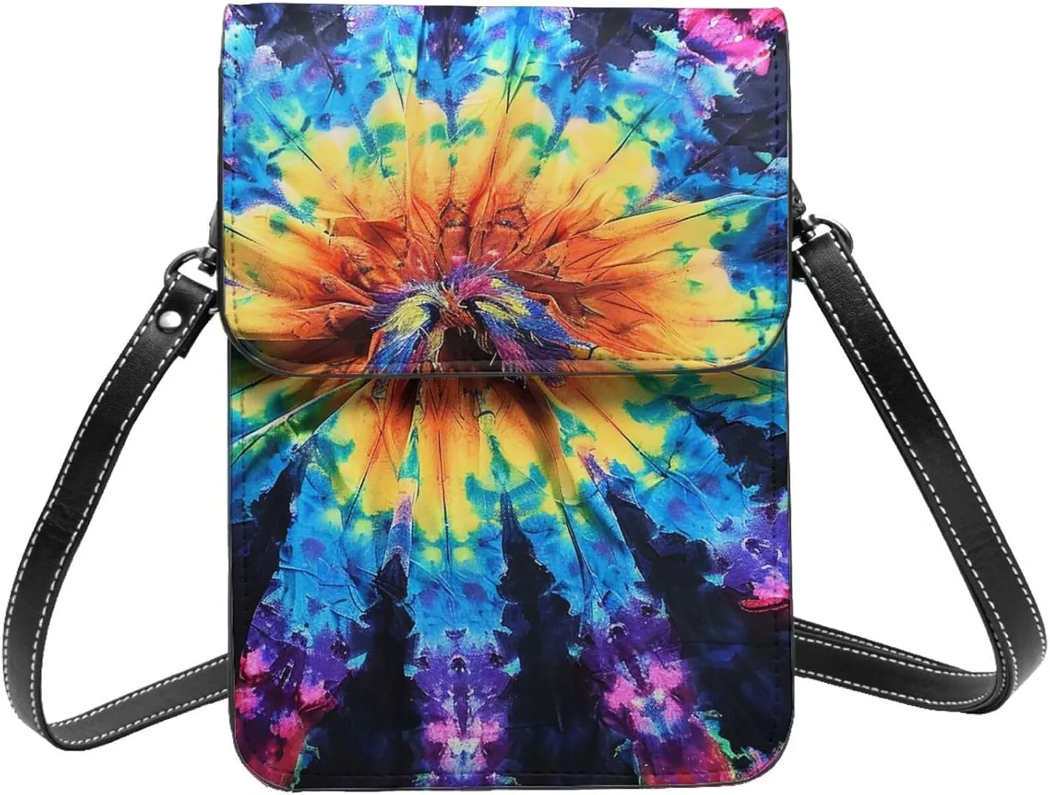 Exotic Tribe Tie Dye Style Printed Crossbody Cell Phone Bag for Women Men, Small Leather Cell Phone Purse Wallet, Hold Two Phones