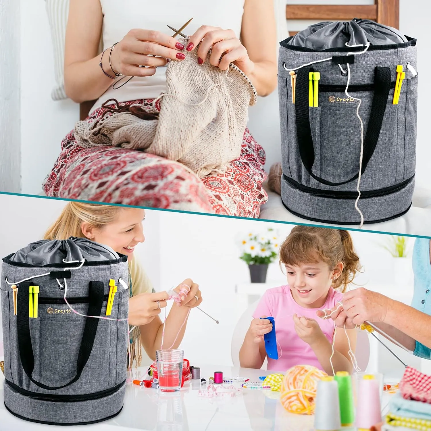 Expandable Crochet Bag Organizer - Yarn Storage Tote, Holder for Crocheting, Accessories, Drawstring Closure