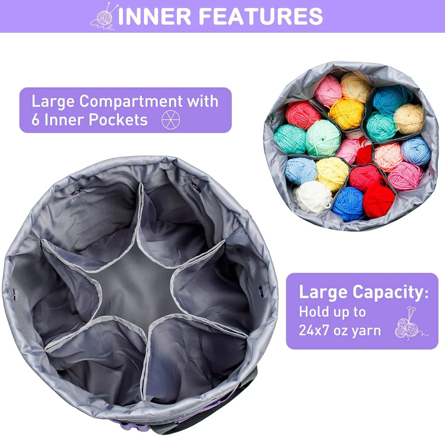Expandable Crochet Bag - Yarn Storage Organizer, Knitting Bag, Tote, Holder, Accessories, Drawstring Closure