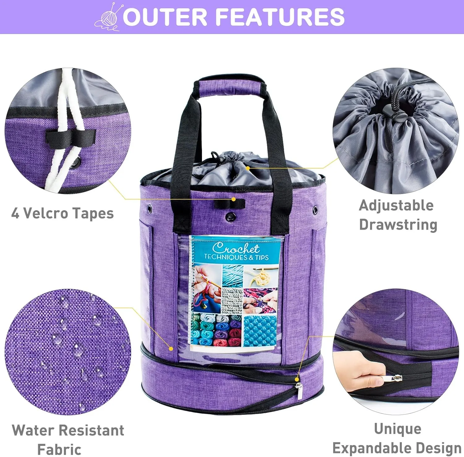 Expandable Crochet Bag - Yarn Storage Organizer, Knitting Bag, Tote, Holder, Accessories, Drawstring Closure