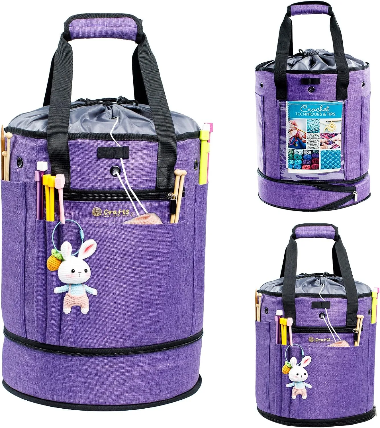 Expandable Crochet Bag - Yarn Storage Organizer, Knitting Bag, Tote, Holder, Accessories, Drawstring Closure
