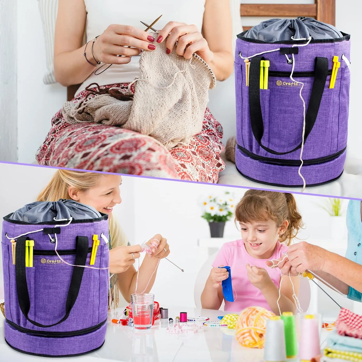 Expandable Crochet Bag - Yarn Storage Organizer, Knitting Bag, Tote, Holder, Accessories, Drawstring Closure