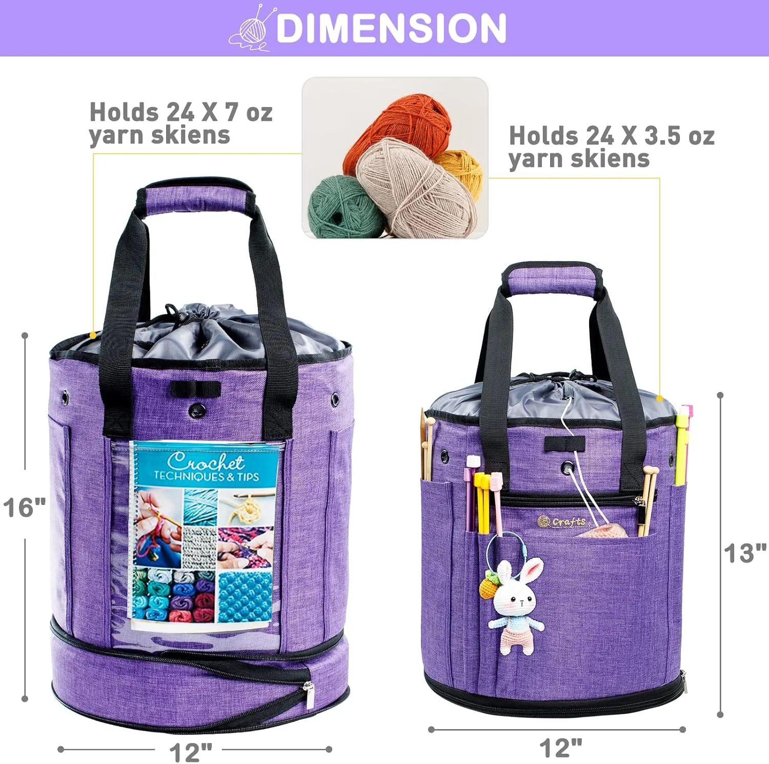 Expandable Crochet Bag - Yarn Storage Organizer, Knitting Bag, Tote, Holder, Accessories, Drawstring Closure