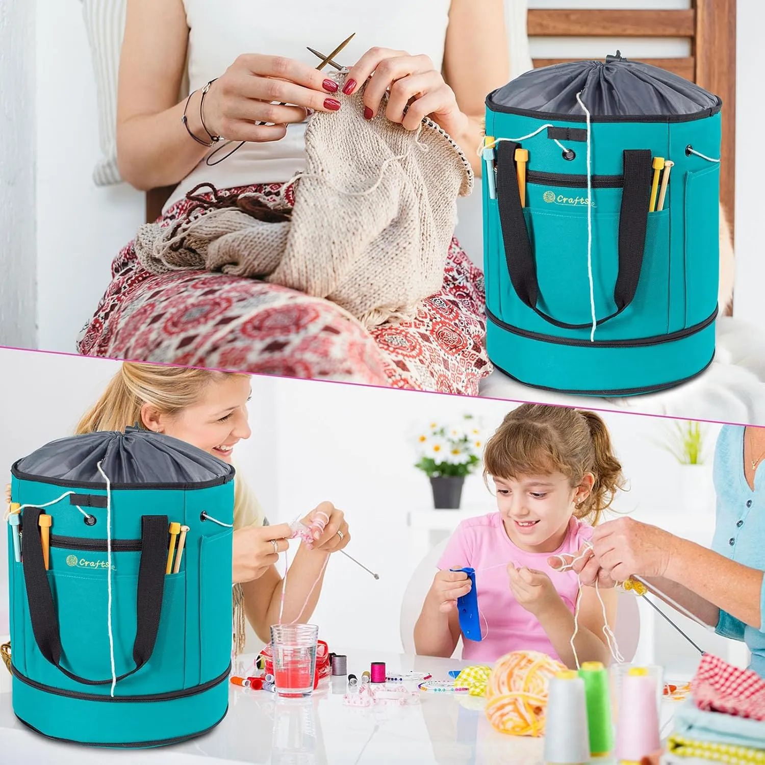 Expandable Crochet Organizer - Yarn & Crochet Tote with Drawstring Closure - Ideal Gift