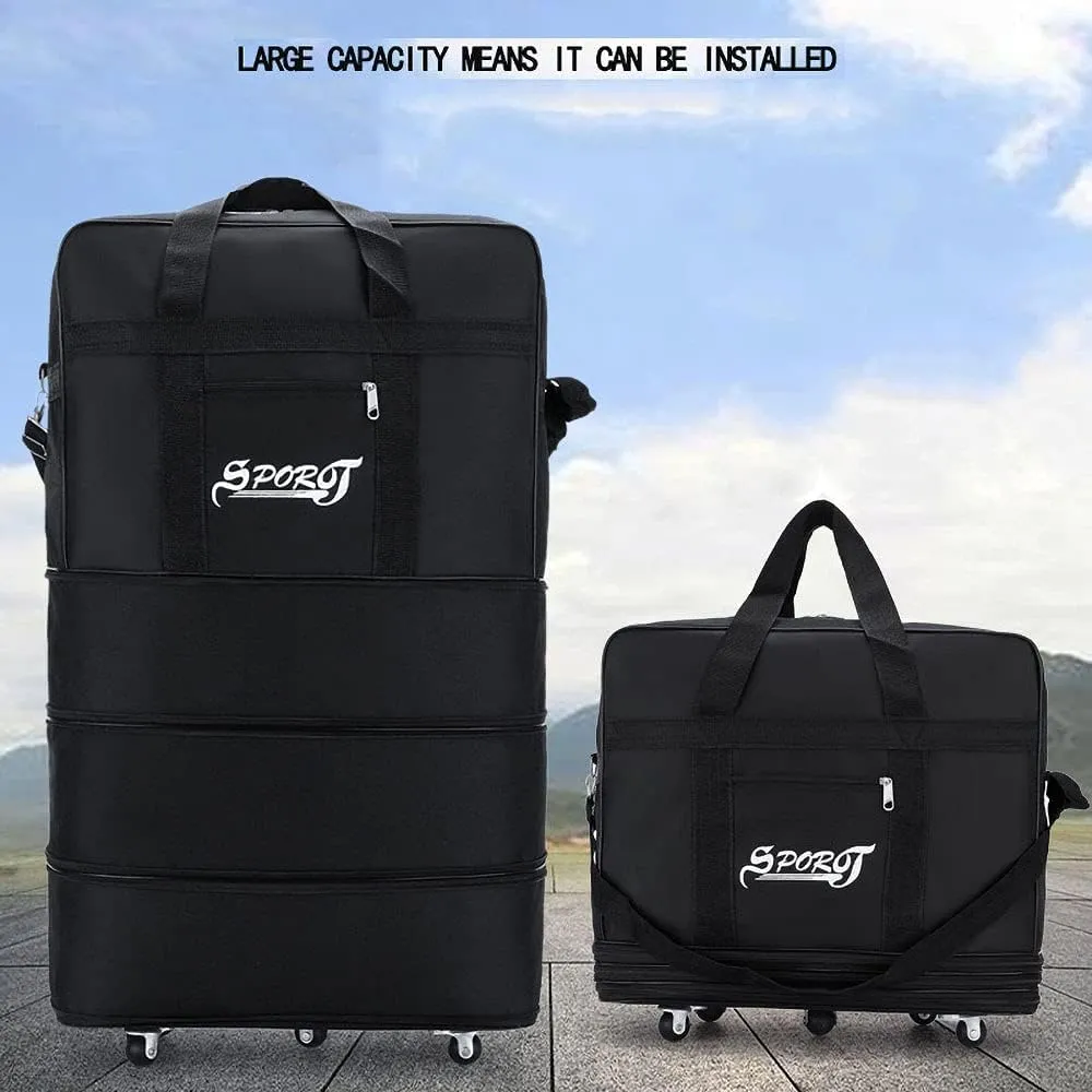 Expandable Extra Large Travel Oxford Duffel Bag with Wheels Waterproof Lightweight Traveling Foldable Suitcase (Black, L)