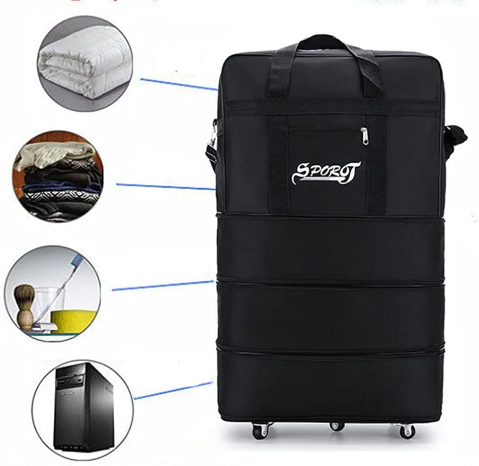 Expandable Extra Large Travel Oxford Duffel Bag with Wheels Waterproof Lightweight Traveling Foldable Suitcase (Black, L)