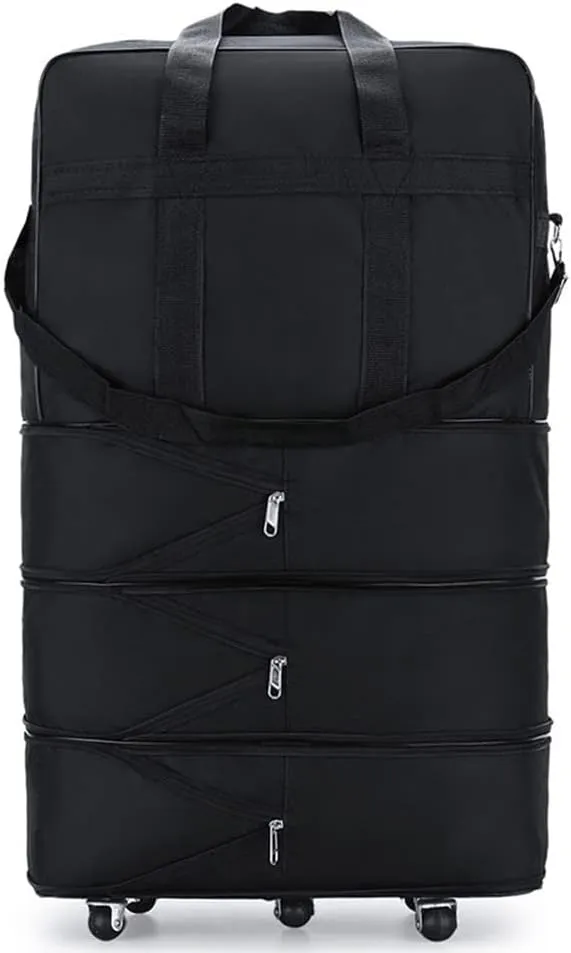 Expandable Extra Large Travel Oxford Duffel Bag with Wheels Waterproof Lightweight Traveling Foldable Suitcase (Black, L)