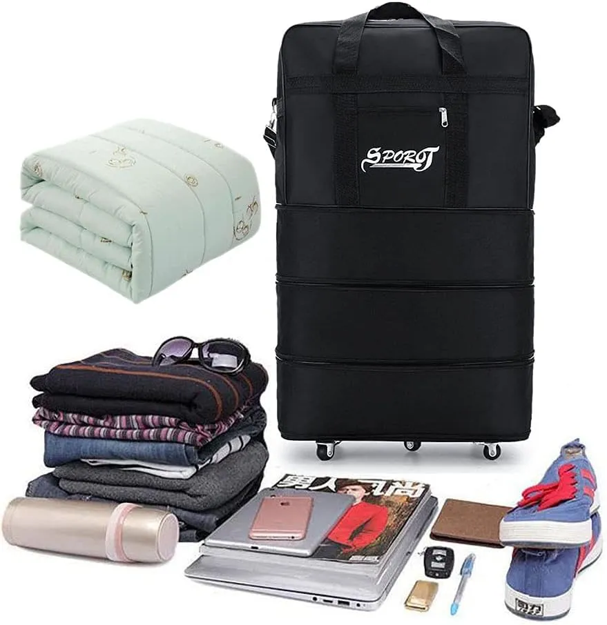 Expandable Extra Large Travel Oxford Duffel Bag with Wheels Waterproof Lightweight Traveling Foldable Suitcase (Black, L)