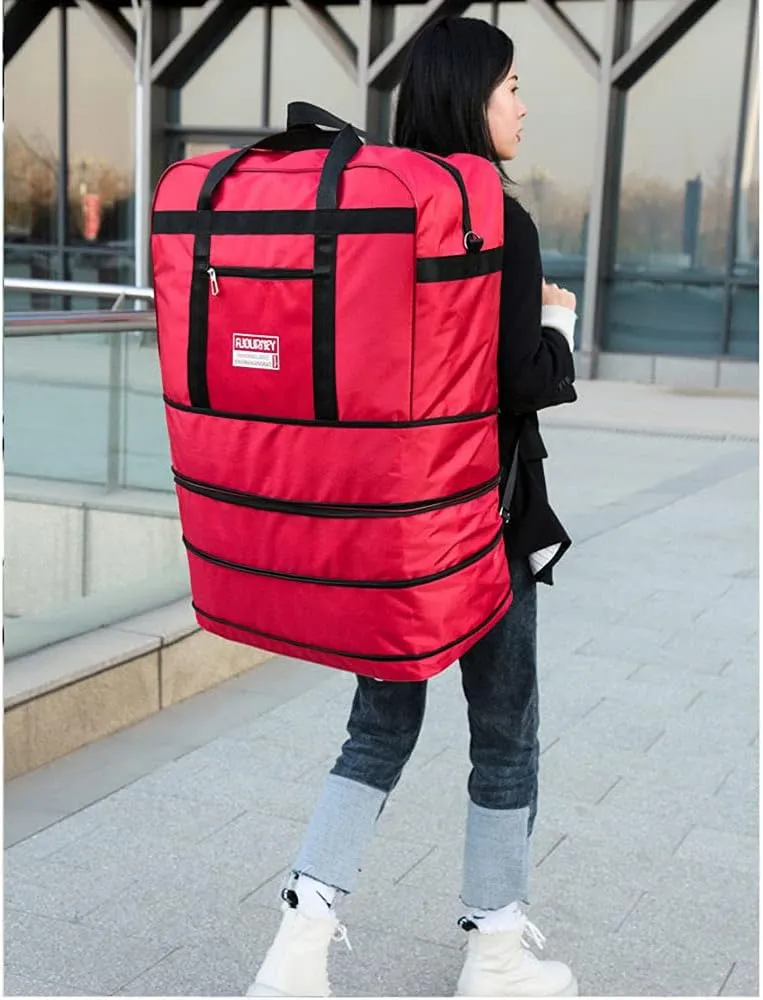 Expandable Extra Large Travel Oxford Duffel Bag with Wheels Waterproof Lightweight Traveling Foldable Suitcase (Red)