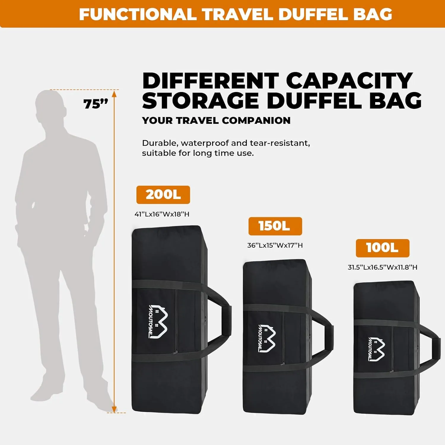 Extra Large Duffle Bag for Travel, 100L Camping Sports Equipment Storage, Waterproof Foldable Luggage Bag with Padded Handles (Black)