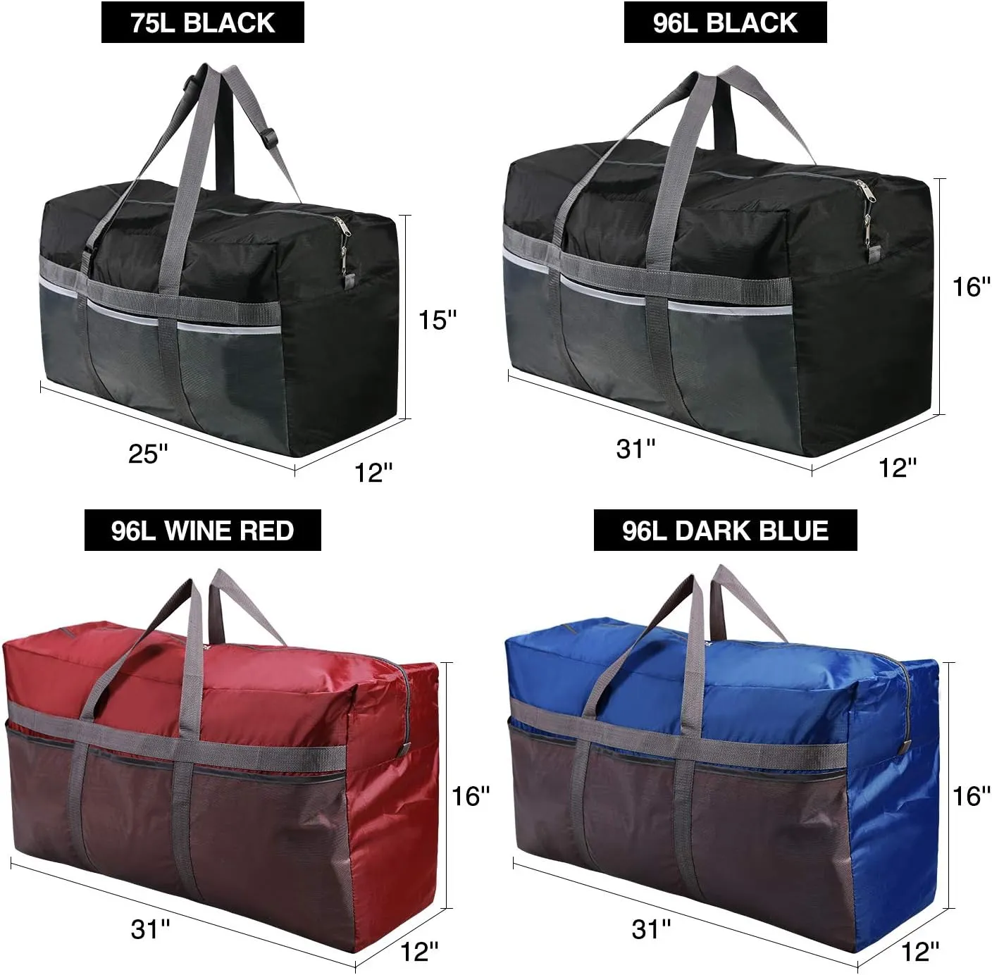 Extra Large Duffle Bag, Water Repellency Travel Foldable Duffle Bag for Men Women Adults, 75L, Black