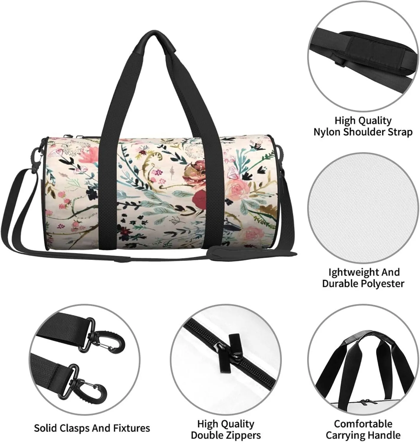 Fable Floral Round Travel Duffel Bag Large Capacity Gym Sports Bags for Hiking Vacation Trips