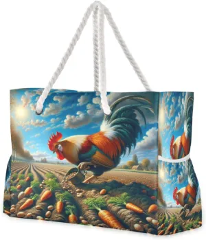 Farmland Rooster Beach Bag & Travel Tote Bag Large Sandproof Wet Pouch for Gym Travel, Lightweight Outdoor Bag