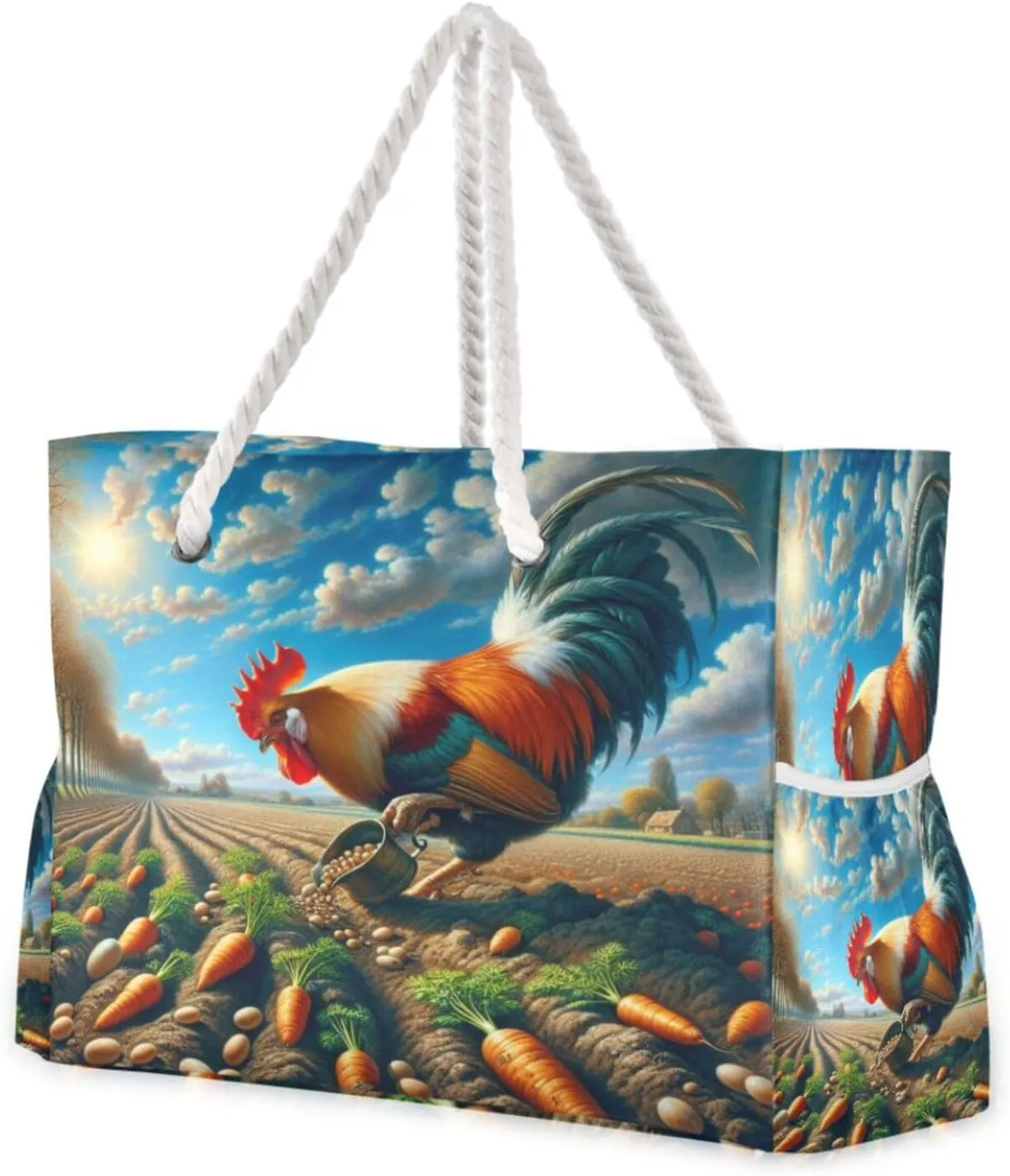 Farmland Rooster Beach Bag & Travel Tote Bag Large Sandproof Wet Pouch for Gym Travel, Lightweight Outdoor Bag