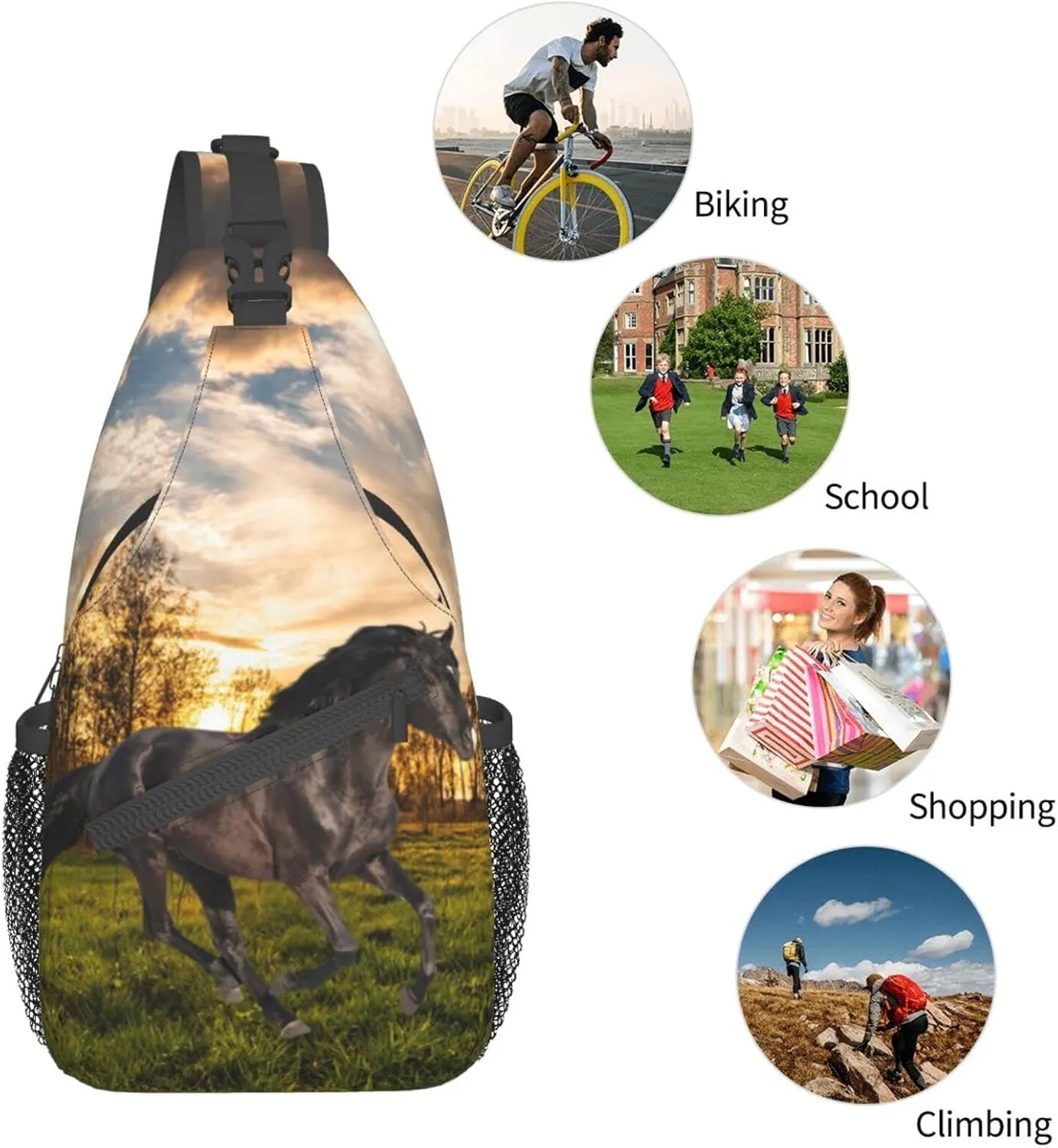 Fashion Horse Sling Bag Multipurpose Crossbody Backpack Adjustable Travel Hiking Casual Daypack For Men Women