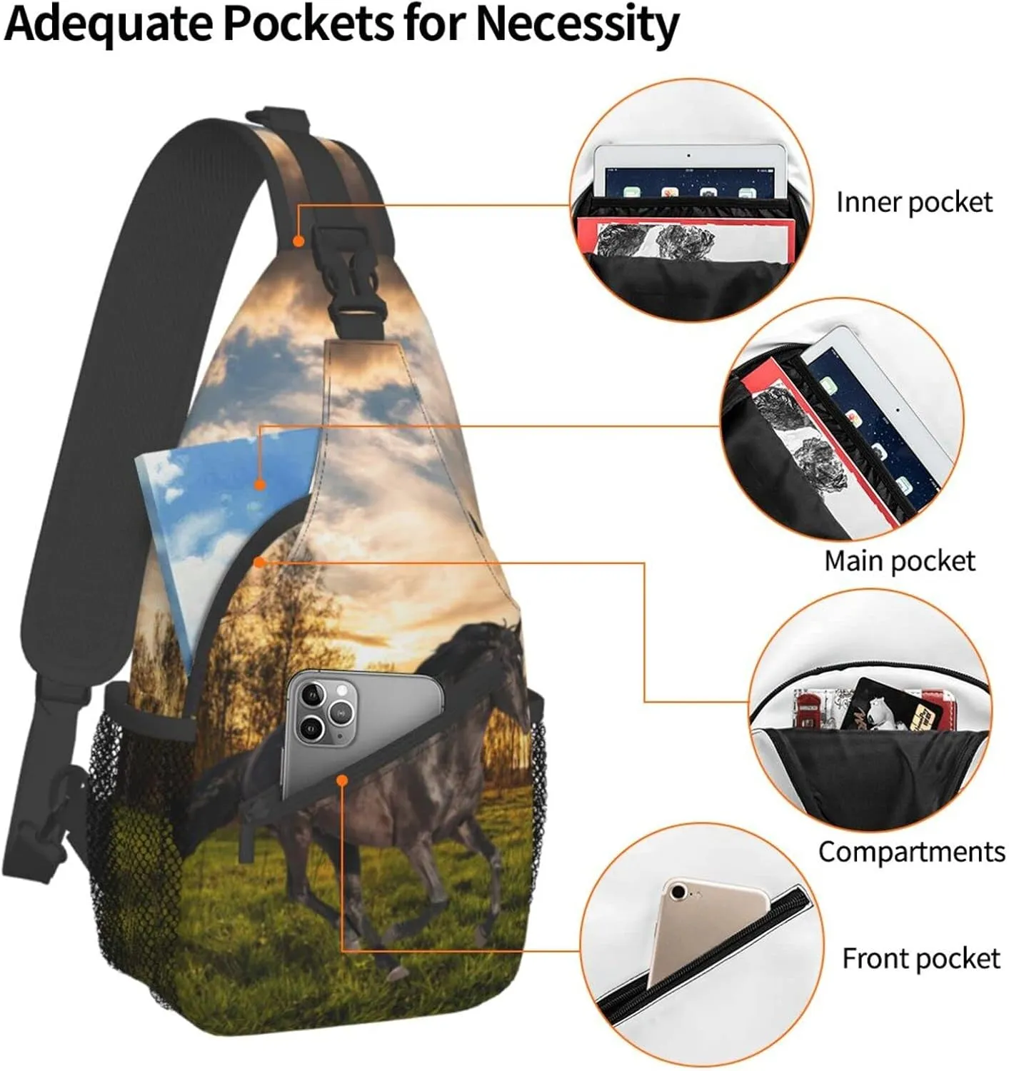 Fashion Horse Sling Bag Multipurpose Crossbody Backpack Adjustable Travel Hiking Casual Daypack For Men Women
