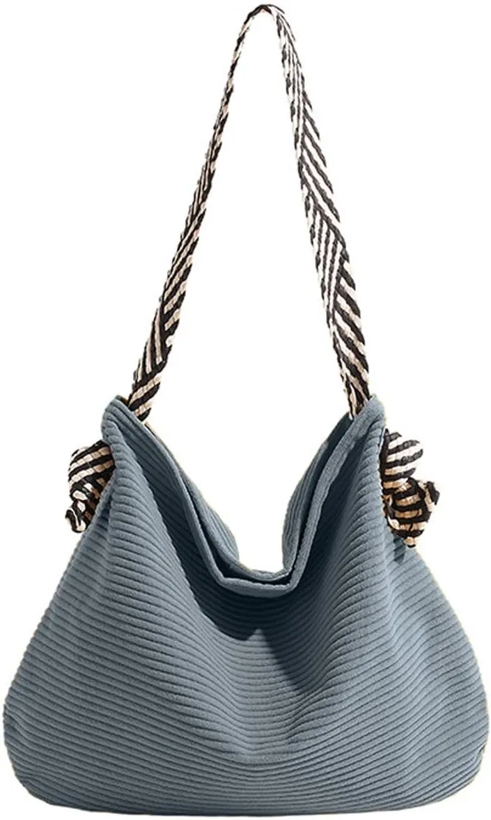 Fashion Large Corduroy Shoulder Bag for Women Girl Solid Soft Tote Handbag Clutch with Stripe Shoulder Strap