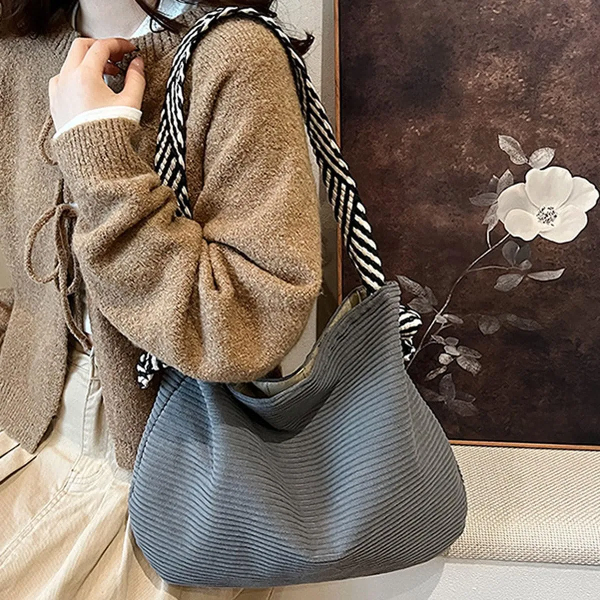 Fashion Large Corduroy Shoulder Bag for Women Girl Solid Soft Tote Handbag Clutch with Stripe Shoulder Strap