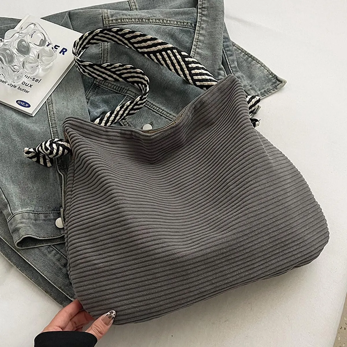 Fashion Large Corduroy Shoulder Bag for Women Girl Solid Soft Tote Handbag Clutch with Stripe Shoulder Strap