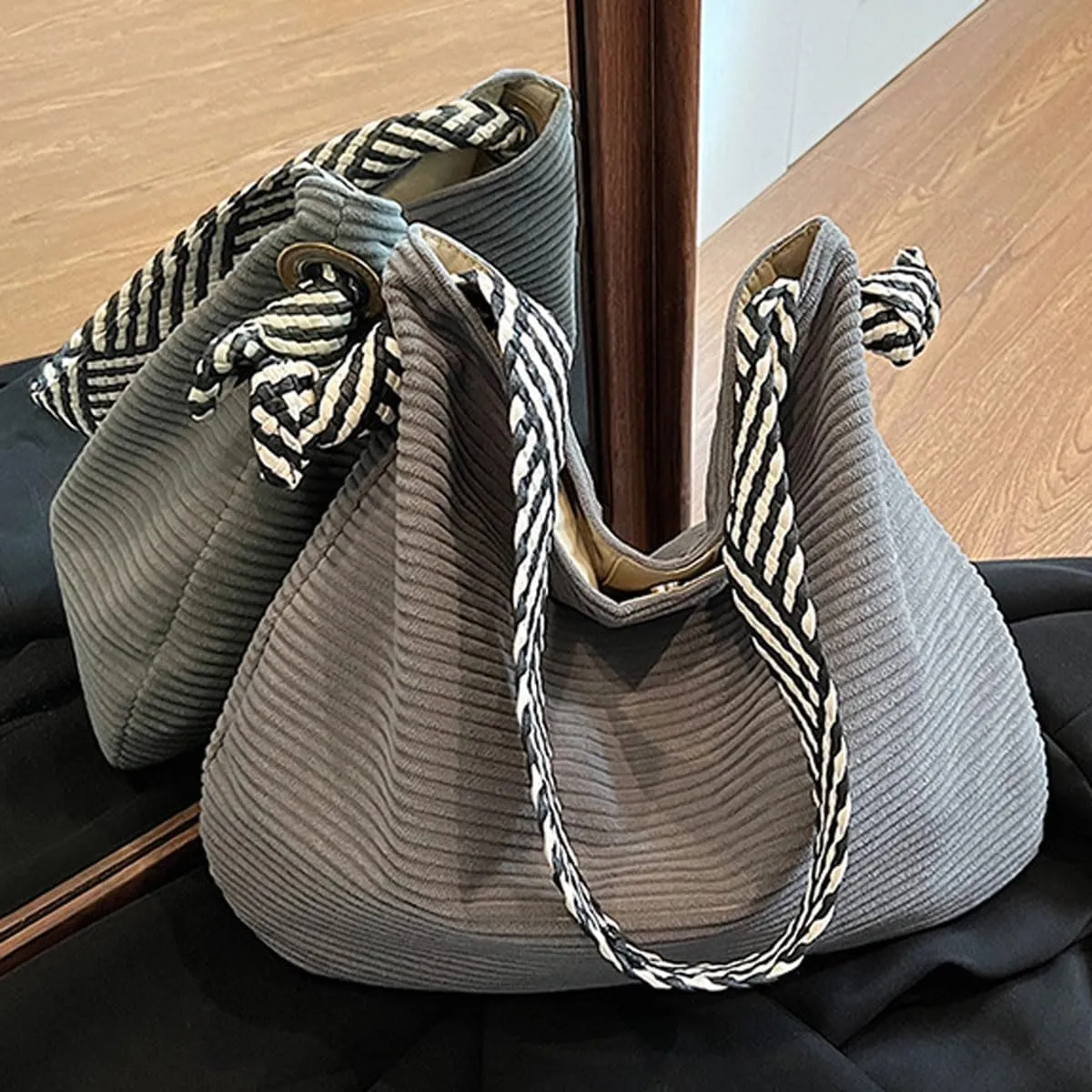Fashion Large Corduroy Shoulder Bag for Women Girl Solid Soft Tote Handbag Clutch with Stripe Shoulder Strap