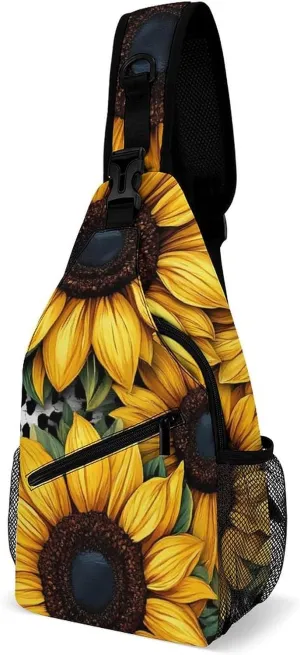Fashion Sling Bag, 80S Vintage Cow Print Sunflowers Chest Pack Crossbody Bags, Tool Backpack, Gym Bags Sack Daypack Outdoor Backpack for Man Women Lady