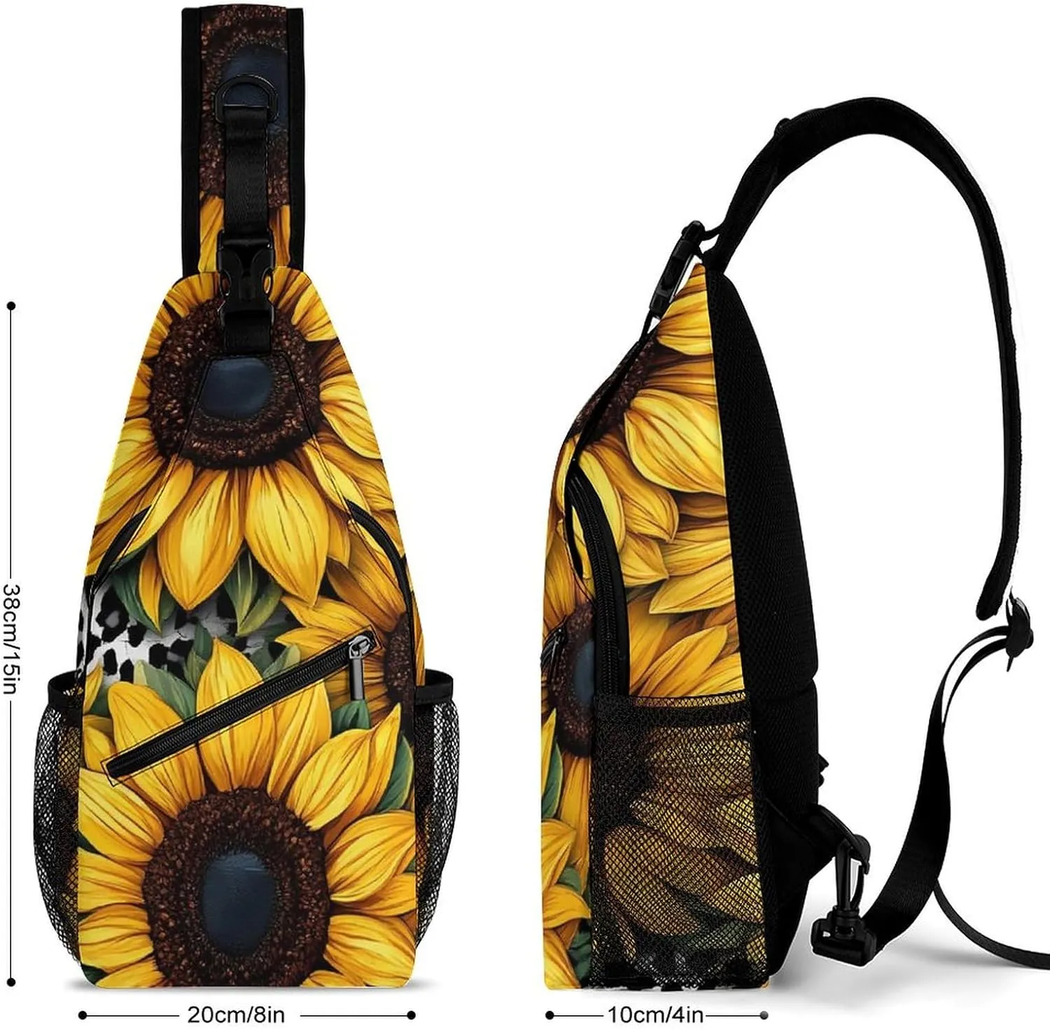Fashion Sling Bag, 80S Vintage Cow Print Sunflowers Chest Pack Crossbody Bags, Tool Backpack, Gym Bags Sack Daypack Outdoor Backpack for Man Women Lady
