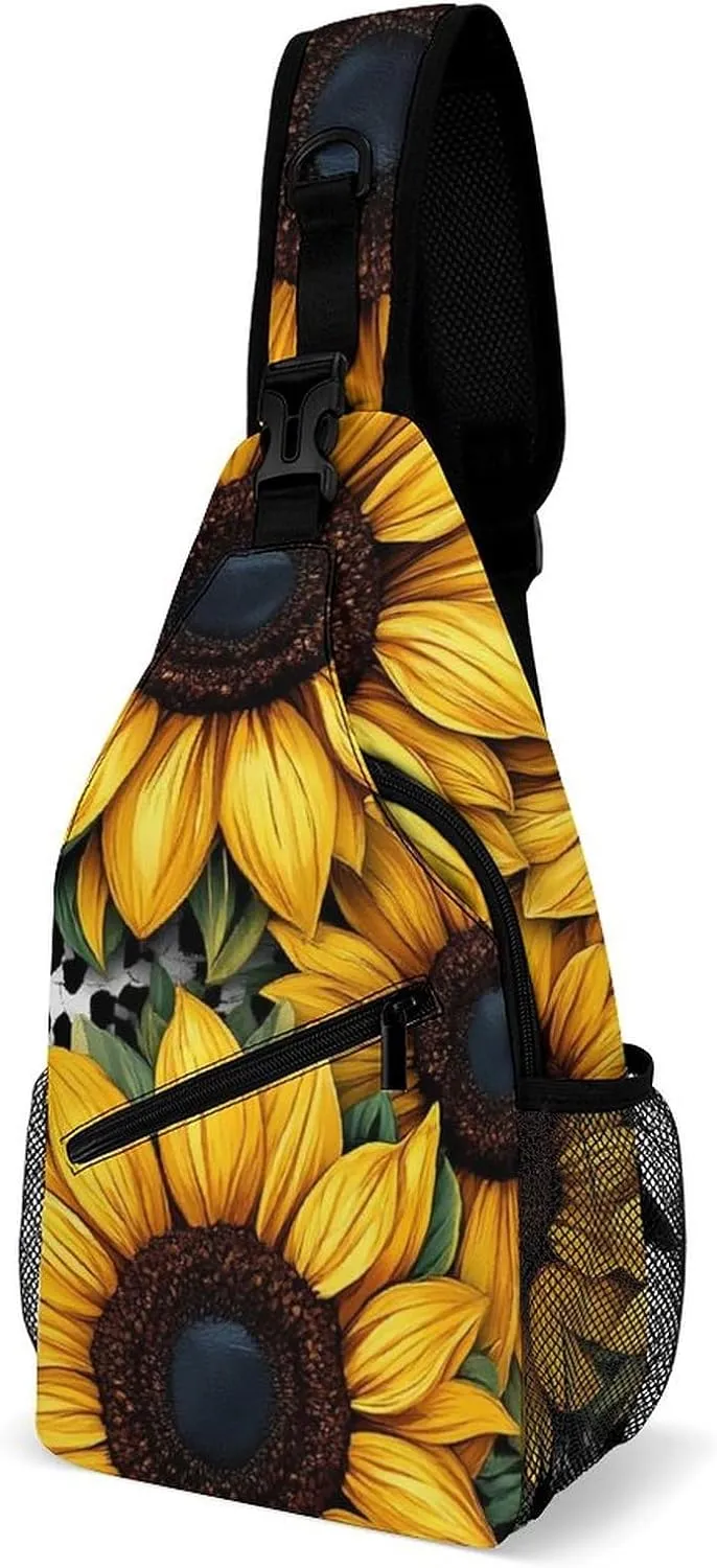 Fashion Sling Bag, 80S Vintage Cow Print Sunflowers Chest Pack Crossbody Bags, Tool Backpack, Gym Bags Sack Daypack Outdoor Backpack for Man Women Lady