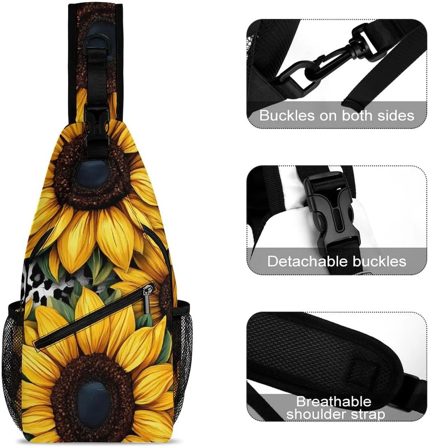 Fashion Sling Bag, 80S Vintage Cow Print Sunflowers Chest Pack Crossbody Bags, Tool Backpack, Gym Bags Sack Daypack Outdoor Backpack for Man Women Lady