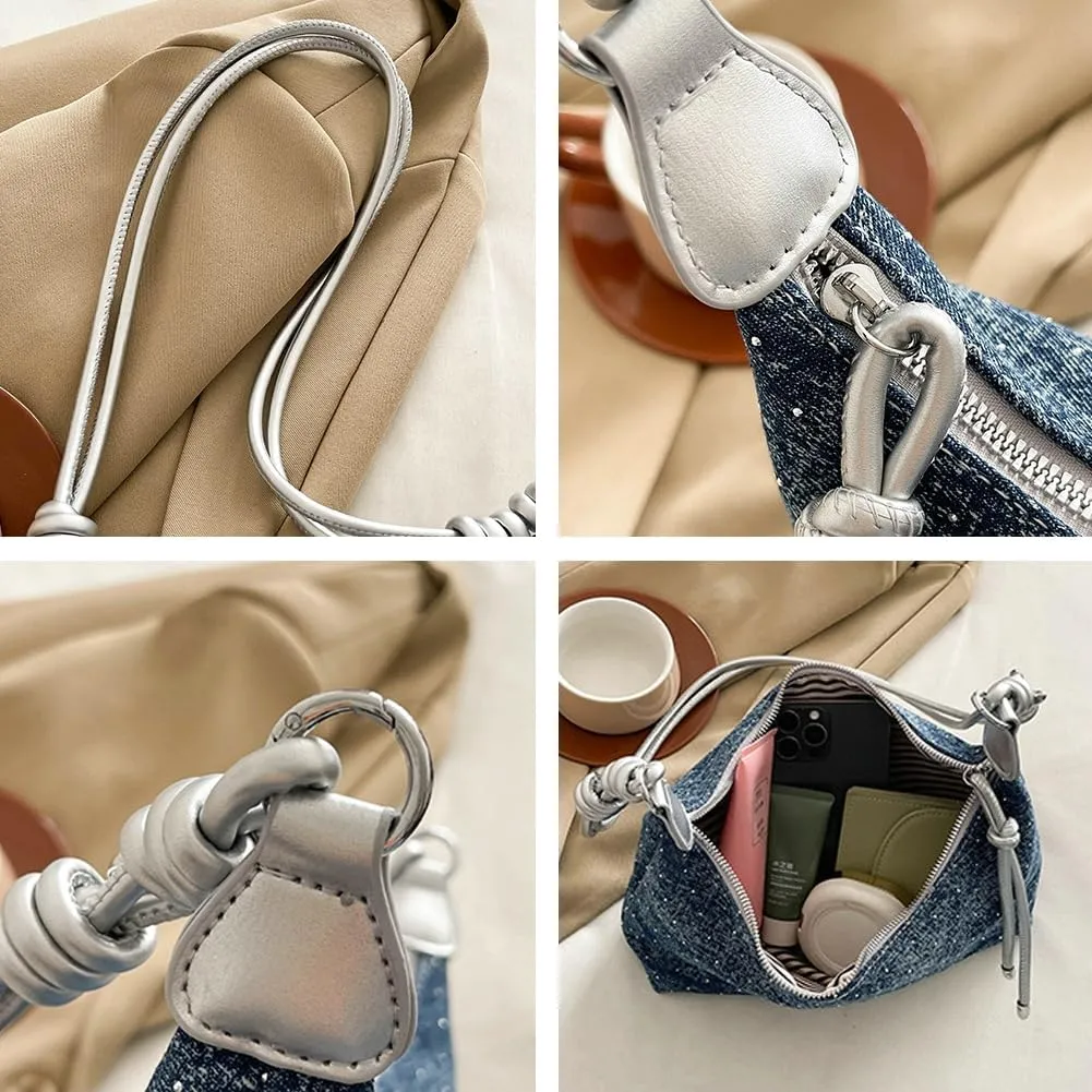 Fashion Sparkly Denim Dumpling Bag Adjustable Shoulder Strap Cross Body Bag Commuter Travel Handbag for Women 2025