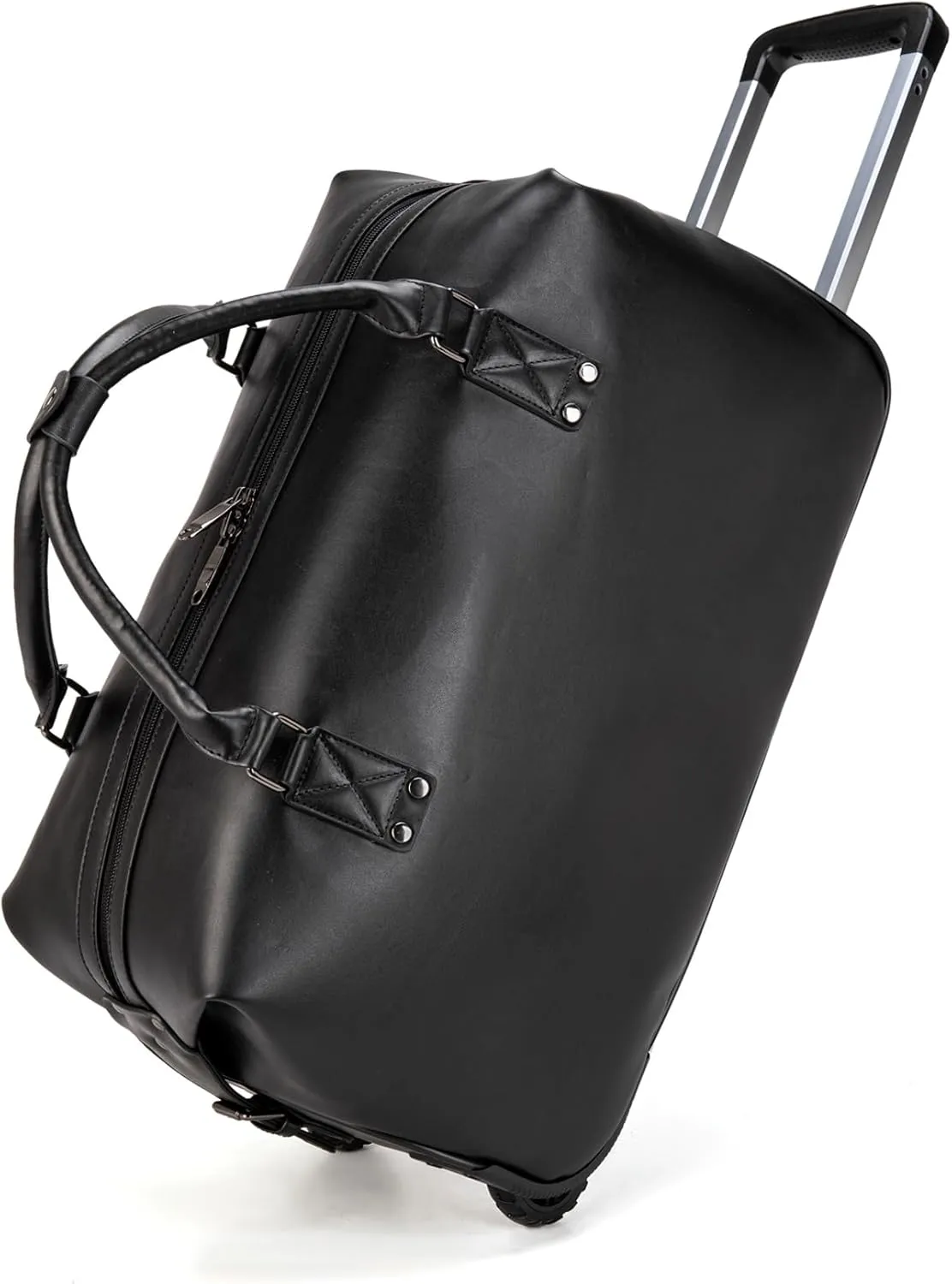 feilario Travel Duffel Bag with Wheels Leather Unisex Weekender Bags Waterproof Toiletry Bag Convenient Carry on Suitcase for Overnight Trip (Black)