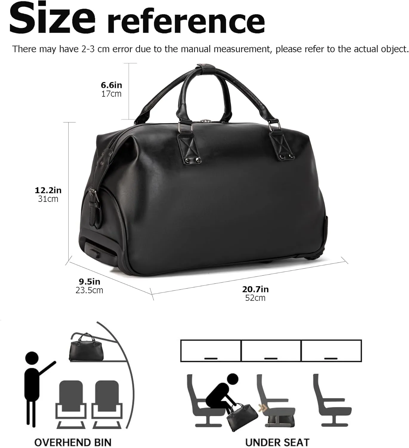 feilario Travel Duffel Bag with Wheels Leather Unisex Weekender Bags Waterproof Toiletry Bag Convenient Carry on Suitcase for Overnight Trip (Black)