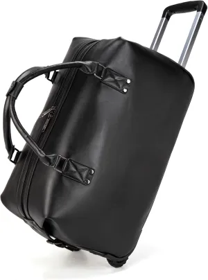 feilario Travel Duffel Bag with Wheels Leather Unisex Weekender Bags Waterproof Toiletry Bag Convenient Carry on Suitcase for Overnight Trip (Black)