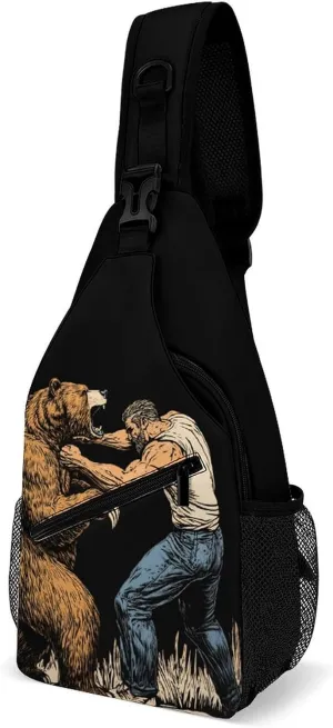 Fighting With Bear Casual Sling Bag Backpack Travel Shoulder Chest Crossbody Bags Adjustable Daypack Unisex