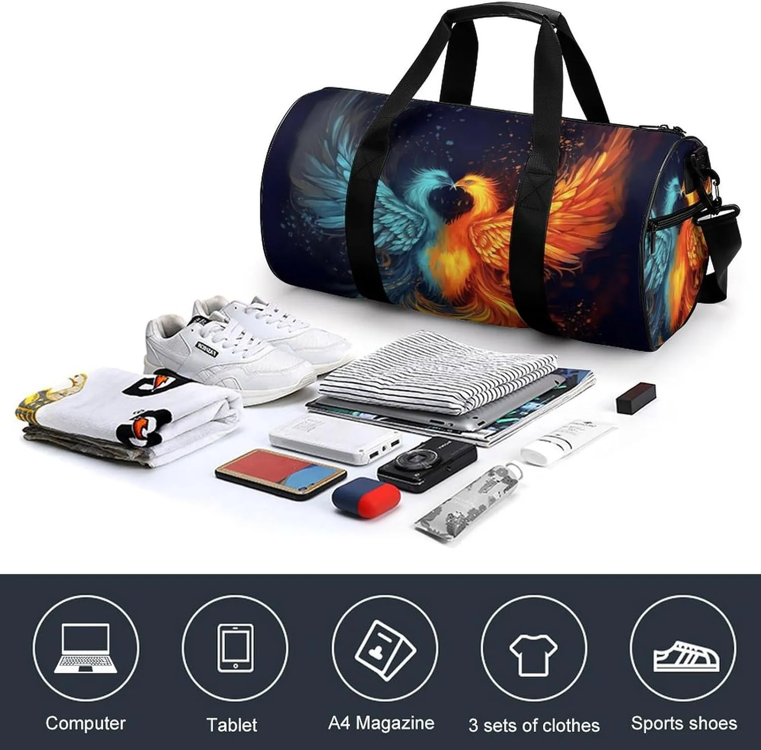 Fire And Water Phoenix Gym Bag Small Travel Duffle Bag with Compartment Carry On Weekender Bag for Women Men
