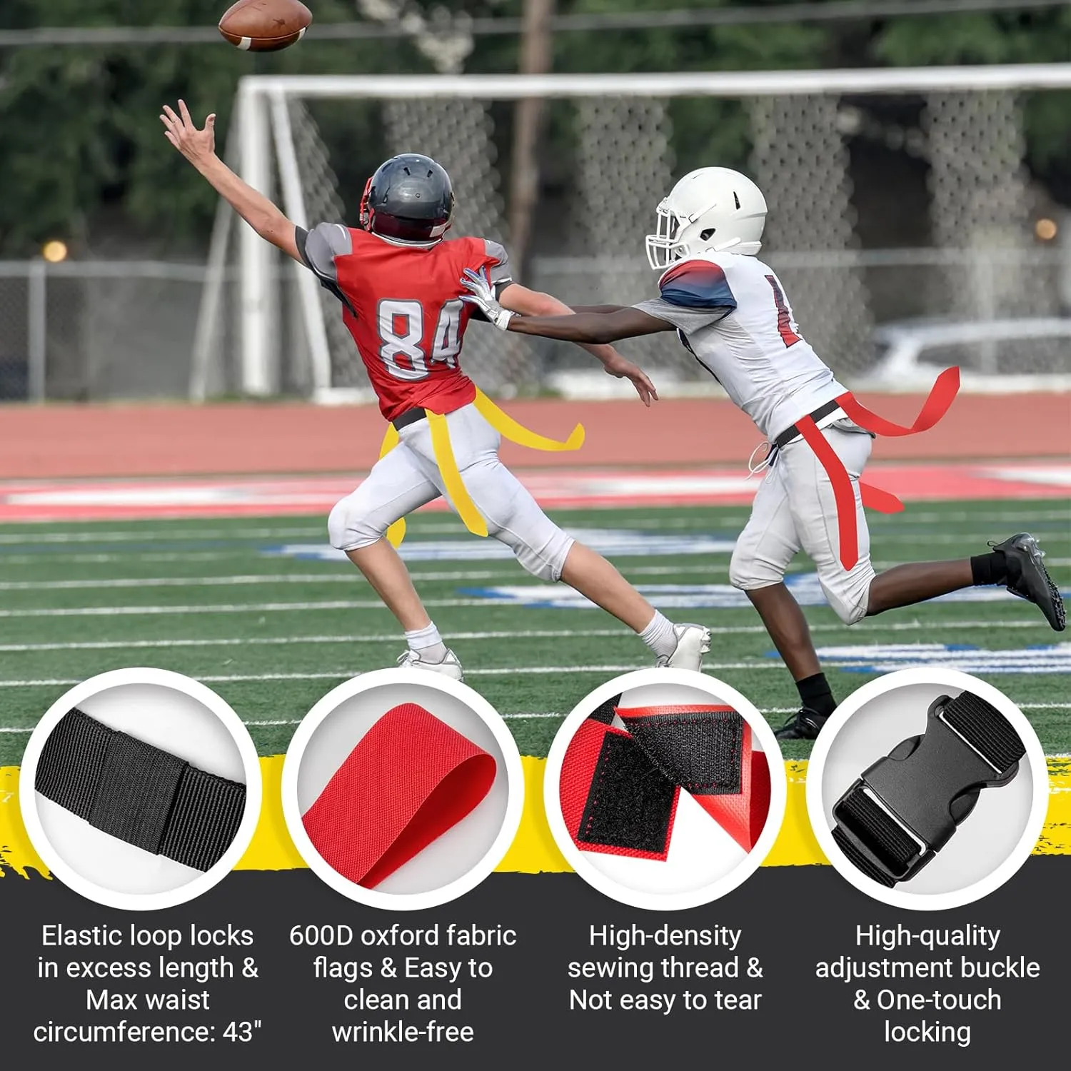 Flag Football Belts, 6/8/10/12/14 Player Flag Football Set for Kids, Youth & Adult, Adjustable Flag Football for Waist 22-43"