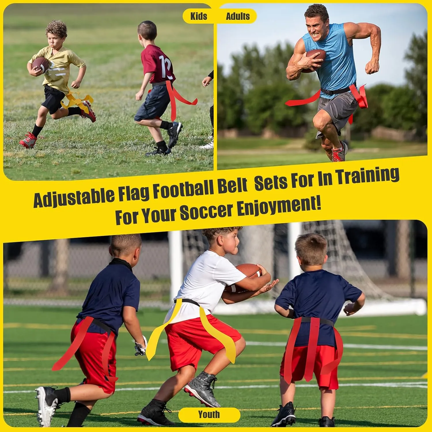 Flag Football Belts, 6/8/10/12/14 Player Flag Football Set for Kids, Youth & Adult, Adjustable Flag Football for Waist 22-43"