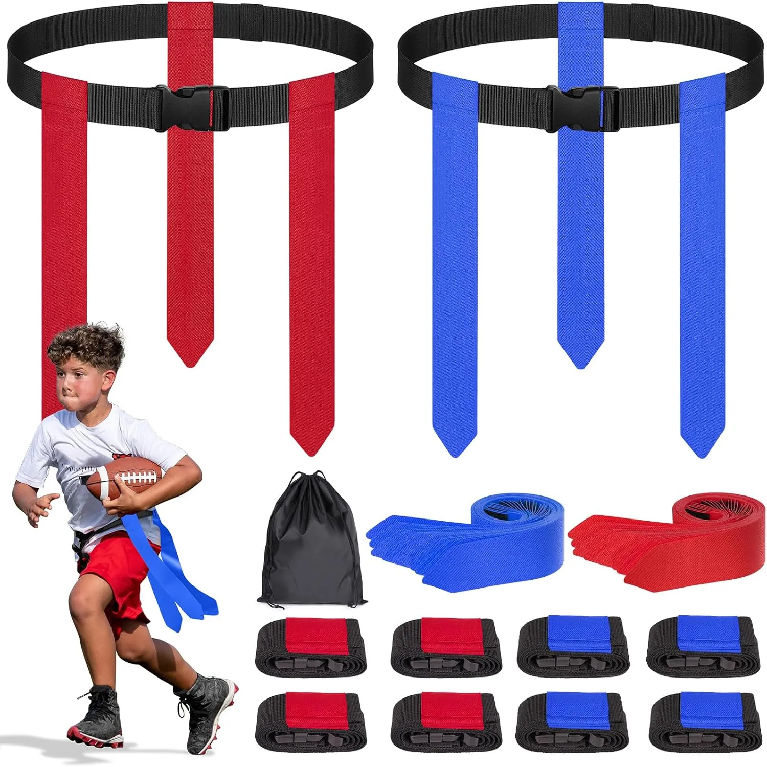 Flag Football Set - 8/10/14 Player Adjustable Belts with Flags, Storage Bag, for Youth and Adults Capture Flag Training