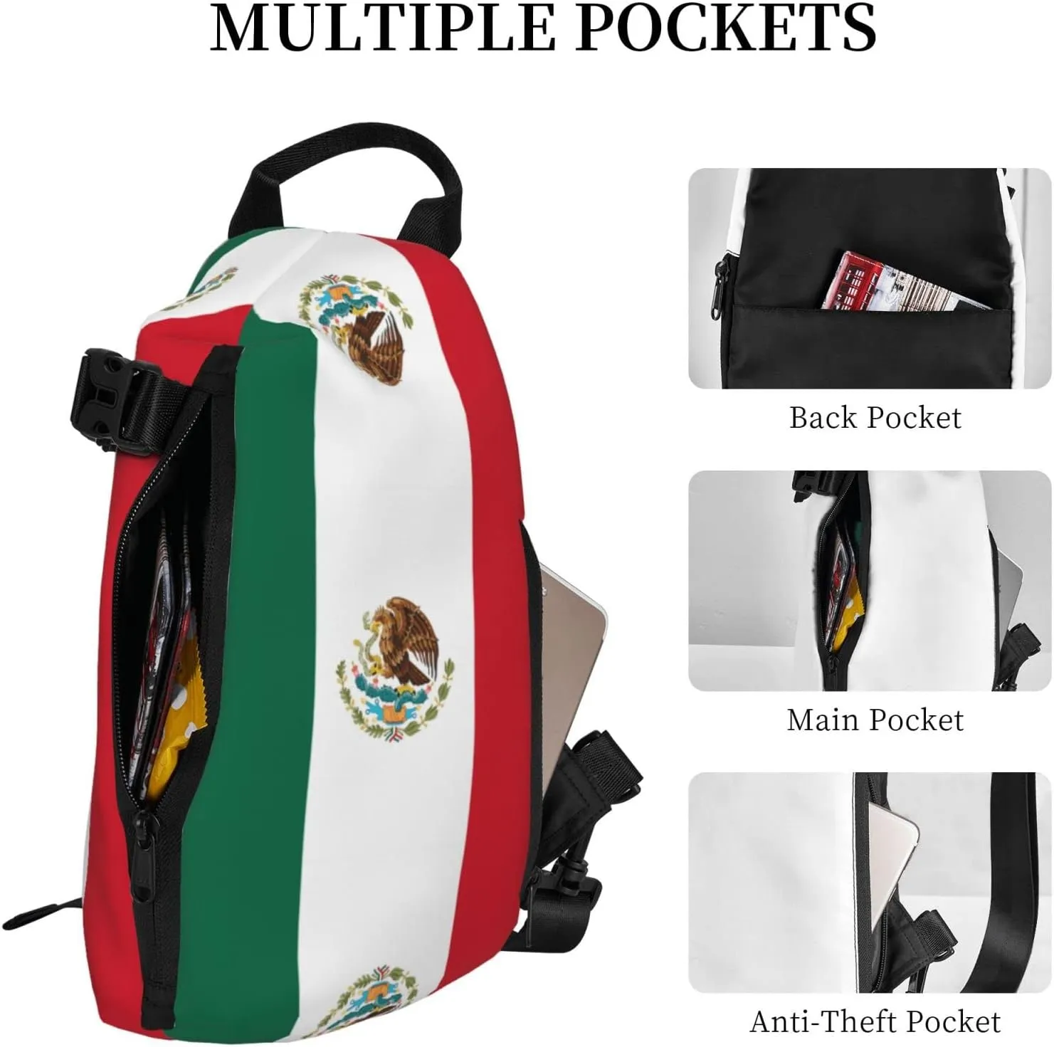 Flag Of Mexico Print Crossbody Backpack Unisex Chest Bag, Lightweight And Sling Bag For Travel